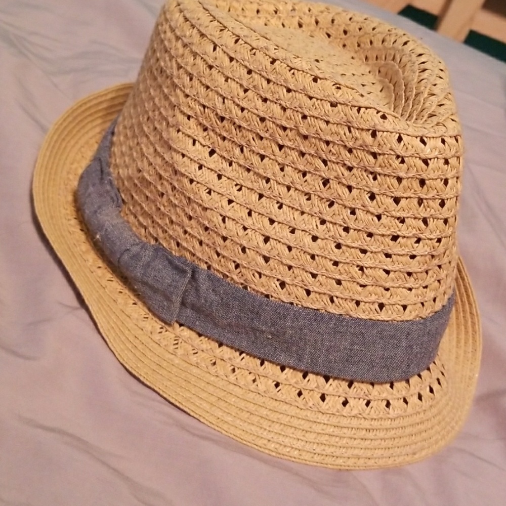 Tan and denim fedora